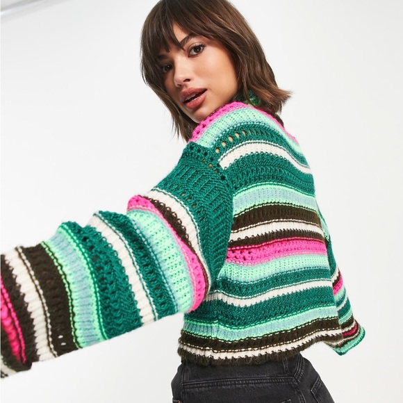 ASOS Design Open Knit Sweater in Multi Stripes - Picture 2 of 6
